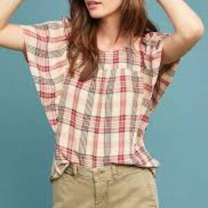 ✅ Anthropologie Maeve Priscilla Plaid Flutter Sleeve Top Tan Red Women's Top XS